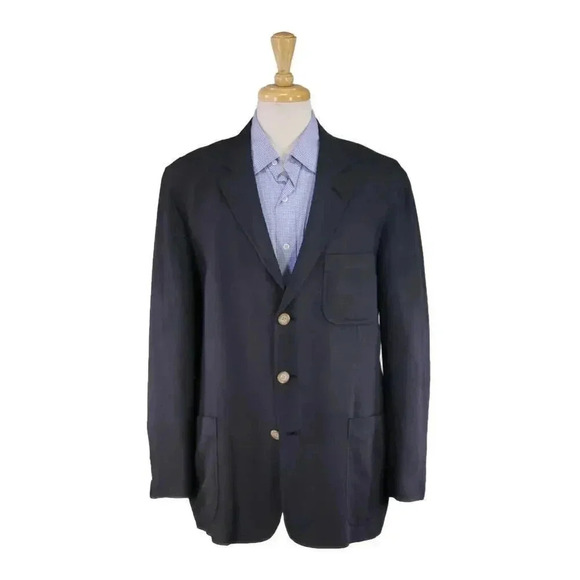 McKenzie Tribe Navy Blue Linen-Viscose Patch Pocket Blazer Jacket 44R - Picture 1 of 8